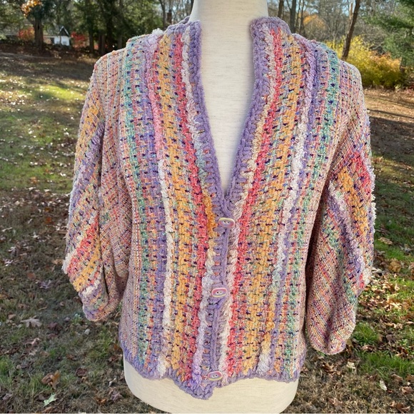NANCY LEE KAUFMAN HANDMADE CARDIGAN SWEATER JACKET BUTTON OOAK MULTICOLOR S fit - Picture 2 of 12